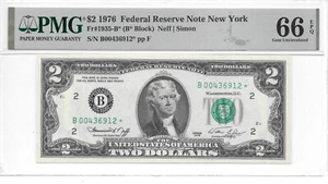 1976* New York Star (B* Block) $2 FRN PMG 66 EPQ Gem Uncirculated (BEP Sheet) - Picture 1 of 4