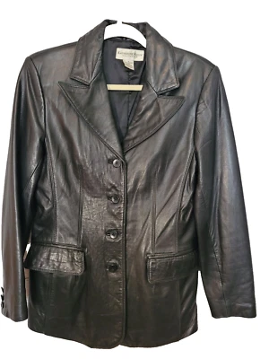 Kathrine Kelly Black 4 Button Collared Leather Jacket Stadium Length Size 6 - Image 1 of 4