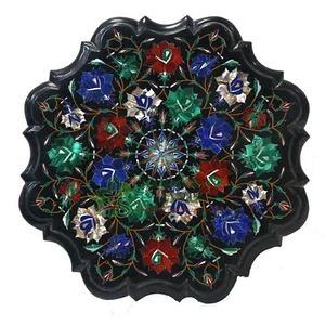 Black Marble Inlay table Top Inlaid With Semi-Precious Gems Stone For Side table - Picture 1 of 8