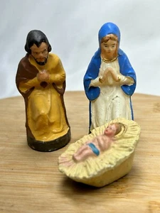 Holy Family Mary Joseph Baby Jesus 3" plaster hand painted set Germany creche - Picture 1 of 18