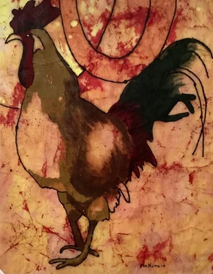 Pintura abstracta de gallo acuarela original arte batik sobre papel de arroz 17x24 pulgadas Foto 1 de 4