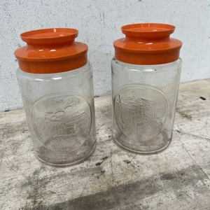 2 Pair Vintage 1970’s Anchor Hocking Glass TANG Covered Bridge Jar ORANGE Lid - Picture 1 of 6