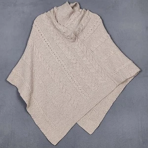 INIS CRAFTS Poncho Womens Small Medium Beige 100% Merino Wool Cable Knit Ireland - Picture 1 of 14