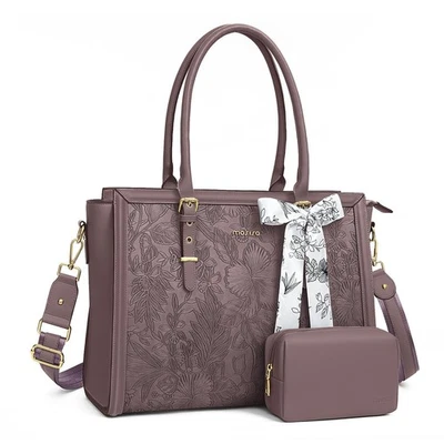 MOSISO Laptop Bag for Mujeres PU Leather Tote Bag Front Embossed Retro Hibisc - Image 1 of 4