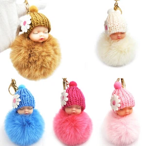 Sleeping Baby Keychain Pompom Keyring Fluffy Plush Doll Plush Doll Keychain Gift - Picture 1 of 22