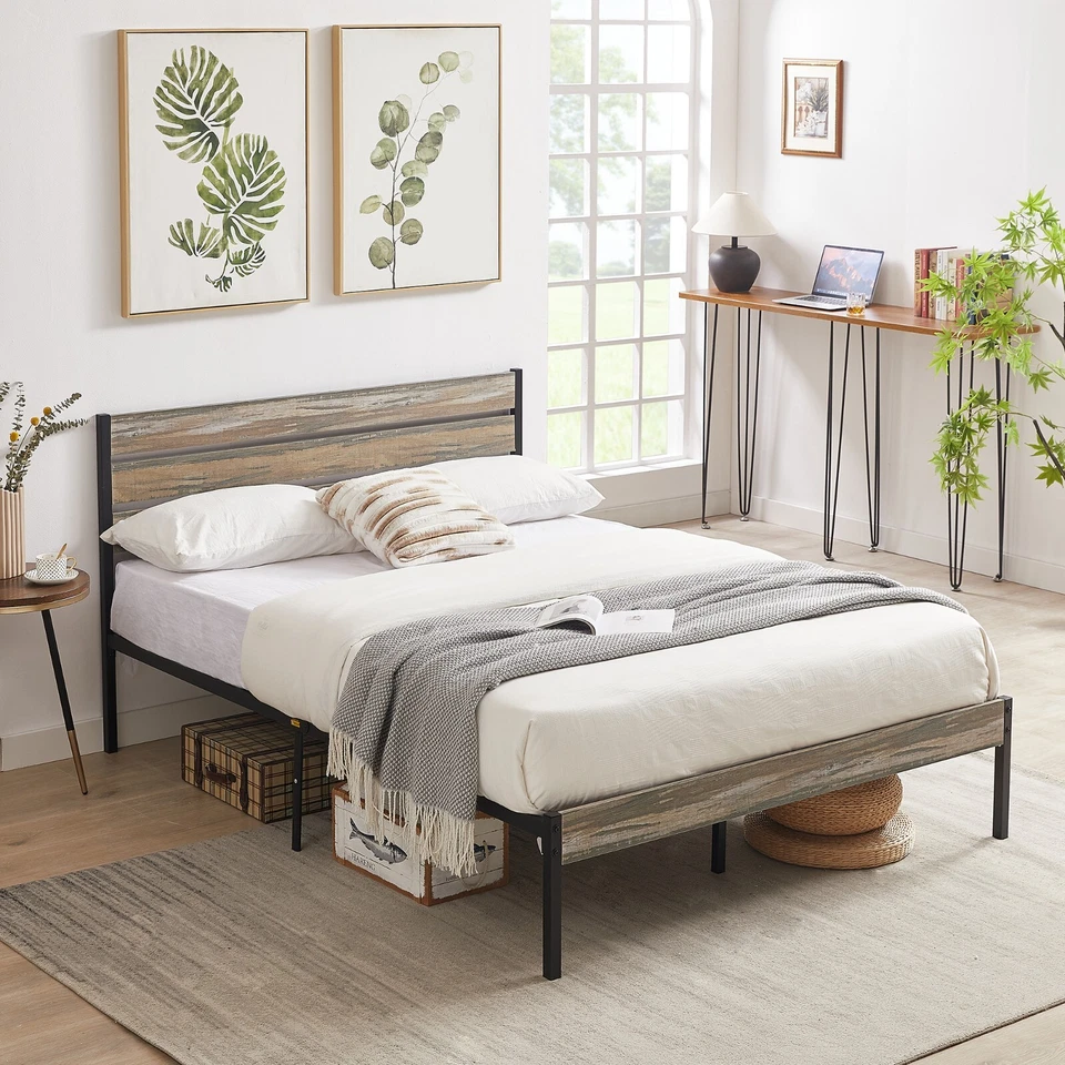 Marco de cama tamaño queen plataforma metálica de madera de alta resistencia con cabecero estribo Foto 1 de 4