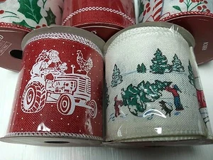 New 5 Red Shed Christmas Ribbon 3"x15ft Wired Edge Ivy,Santa Tractor, Candy Cane - Picture 1 of 8