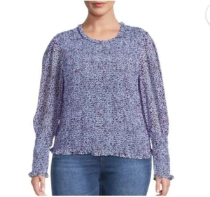 Womens Plus Size 2X Smocked Long Sleeve Leopard Print Blouse Blue & Purple - Picture 1 of 13