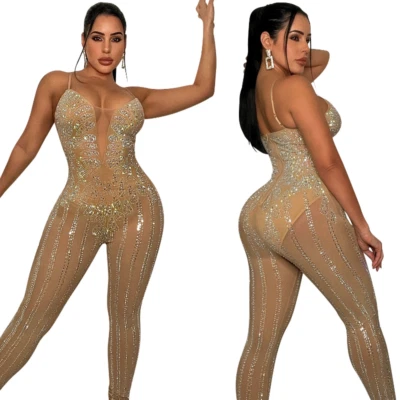 Nuevo Mono Para Mujer Cuello en V Estrás Malla Transparente Ajustado Pantalones Largos Correa Foto 1 de 4