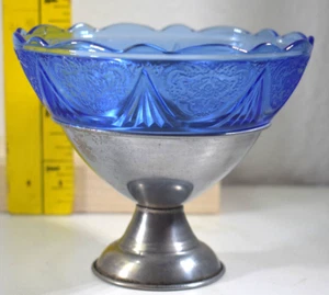 Vintage HAZEL ATLAS Cobalt ROYAL LACE Sherbet in Metal Holder 3 1/2" EXC! $10 - Picture 1 of 2