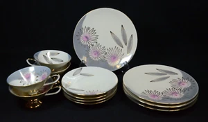 MCM Coffee Tea Set of 4 Plates & Cups/Saucers Gray w Daisies EUC (ECK) - Imagen 1 de 11