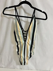 Ella Moss Yellow Blk Blue Stripe Lace Up One Piece Swimsuit Tenacious Woman’s Sm - Picture 1 of 5