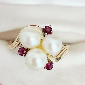 Vintage Solid 14K Yellow Gold 5.5mm PEARL and RUBY Ring Size 6.25 - Picture 1 of 12