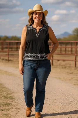 Top túnica bordada con cuello en V sin mangas Talbots negro/blanco para mujer M bruja boho Foto 1 de 4