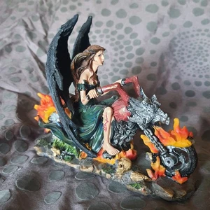 Fairy Black Winged Gothic Angel On Motorcycle Figurine Man Cave Decor - Picture 1 of 7