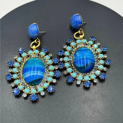 Elizabeth Cole Maven Blue Turquoise Large Oval Austrian Crystal Dangle Earrings - Image 1 of 4