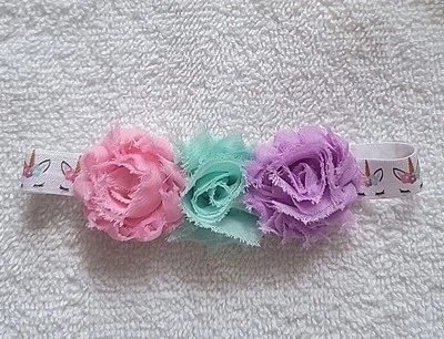 Handmade Baby Headband Size NB 11"-12" Unicorn Face Band/Shabby Roses New - Image 1 of 4