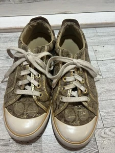 Coach Barrett Signature Canvas Logo Sneakers in Beige and Gold – Size 8B - Picture 1 of 7