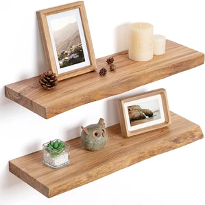 Floating Shelves for Wall Decor, Rustic Solid Elm Wood Live Edge Floating Shelve - Picture 1 of 12