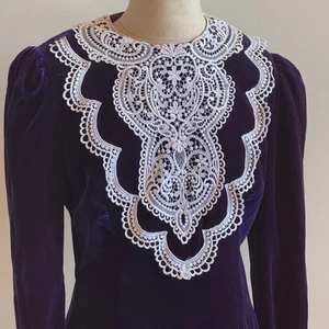 VTG Jessica McClintock Womens 12 Midi Dress Purple Velvet Lace Collar Trim 80's - Picture 1 of 19