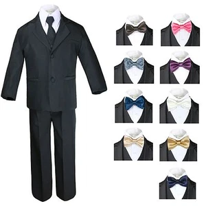 9 Color Pick Bow Tie + Baby Toddler Boy 6pc Black Formal Wedding Suit Tuxedo  - Picture 1 of 50