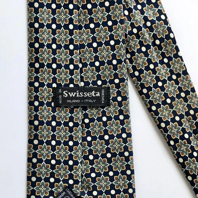 VTG SWISSETA Milano-Italy Men Necktie Blue Floral Poly Tie White Dots 59”x3.75” - Image 1 of 4