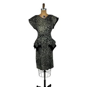 Vintage 80s Peplum Dress Womens Extra Small 40s Style Leopard Print Wiggle - Picture 1 of 10