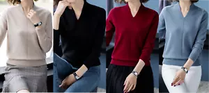 Mujeres Tejido Manga Larga Top Pullover Mezcla Algodón Suéter Ropa Chaleco Cuello - Imagen 1 de 18