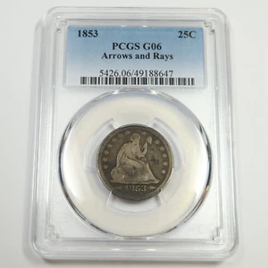 1853 P PCGS G6 - ARROWS & RAYS - Silver Seated Quarter 25C US Coin #50138A - Picture 1 of 2