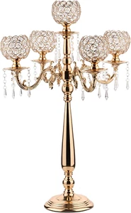 5 Arm Gold Candelabra Centerpieces with Crystal for Wedding Tables,29.5Inches Ta - Picture 1 of 7
