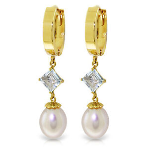 9.5 Carat 14K Solid Gold Hoop Earrings Natural pearl Aquamarine