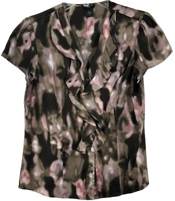 Ann Taylor Petite Sz 8P Ruffle Button Up Front Blouse Brown Pink Print-215 - Image 1 of 4