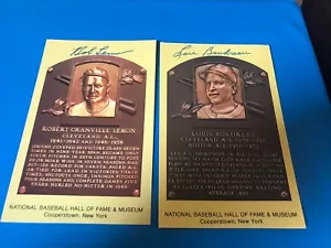 2 SIGNED COOPERSTOWN BASEBALL HALL OF FAME PLAQUE CARDS BOB LEMON LOU BOUDREAU - Picture 1 of 5