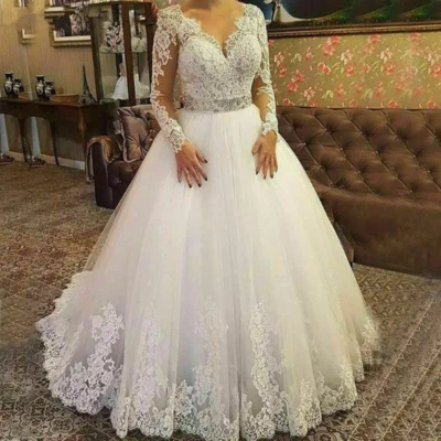 Plus Size Wedding Dresses Lace Applique V Neck Long Sleeves A-line Bridal Gowns - Image 1 of 4