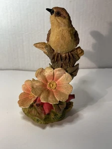Vintage Wren Bird Figurine Resin Perched Colorful Flower Branch BEAUTIFUL - Picture 1 of 5
