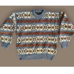 Vintage Herren Pullover Schurwolle handgesponnen Strickpullover Fair Isle Grob blau Tweed - Bild 1 von 7