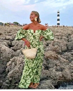 Zara Green Floral Print Off Shoulder Blogger Maxi Dress Cotton Med 8025/104, New - Picture 1 of 19