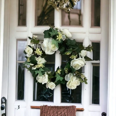 Corona de puerta artificial blanca verde rosa 18" vintage floral decoración del hogar Foto 1 de 3