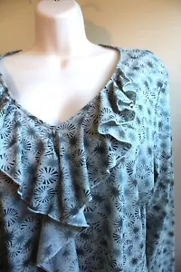 J Jill Womens L LP Spa Blue Gray Star Shirt Stretch Mesh Ruffle Neck 3/4 Sleeve - Picture 1 of 7