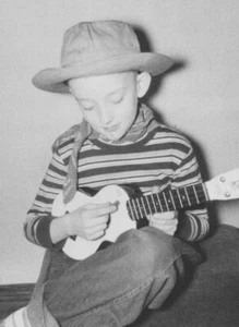 1950s Boy Playing Ukulele Cowboy Hat Childhood Music Moment - Picture 1 of 3