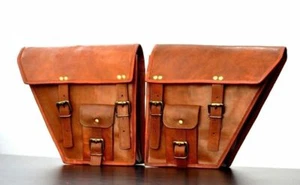 Motorcycle Saddle Bag Genuine Brown Goat Leather 2 Side Pouch Panniers Bag - Picture 1 of 10
