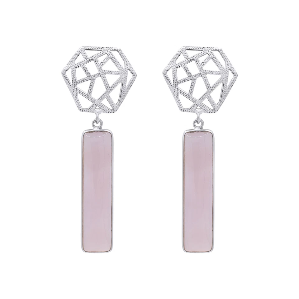 Pendientes colgantes largos de plata esterlina 925 maciza de cuarzo rosa con piedras preciosas para mujer Foto 1 de 1