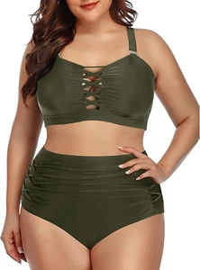 Women plus Size Two Piece Bikini Swimsuit High Waisted Tummy Control Bottom Band - Picture 1 of 12
