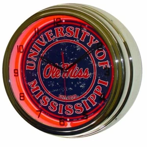 16" University of Mississippi Ole Miss Sign Red Neon Lighted Wall Clock Chrome - Picture 1 of 2
