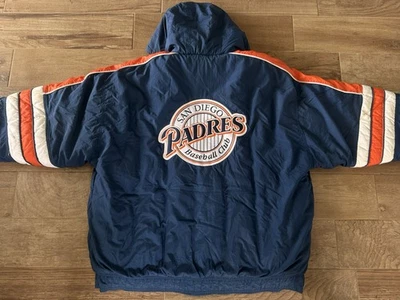 Vintage 90s Starter San Diego Padres MLB Nylon Puffer Jacket XLarge Blue/Orange - Image 1 of 4