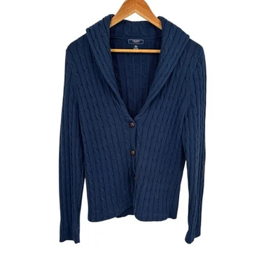 Chaps Navy Blue Cable Knit Collar Cardigan Sweater Women's Large elbow patches - Image 1 of 4