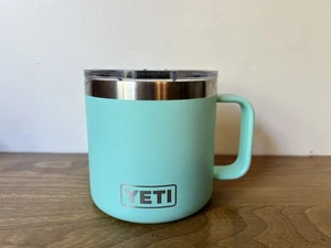 Yeti Aqua / Light Turquoise Green Stainless Steel Coffee Mug Cup w/ Lid 14 oz - Picture 1 of 3
