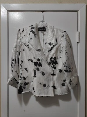 Chaqueta para mujer Alex Evenings blanca brillante/negra floral forrada de gasa talla M Foto 1 de 2