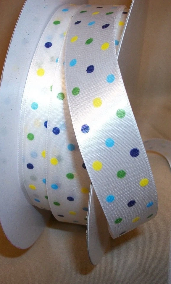 10 Yards BLUE MULTI DOTS SINGLE FACE SATIN RIBBON  7/8" W - Image 1 of 1