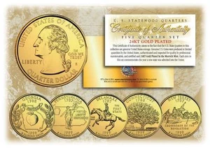 1999GOLD 24K Clad U.S Mint State Quarters Complete Set of 5 Coins with Capsules - Picture 1 of 2